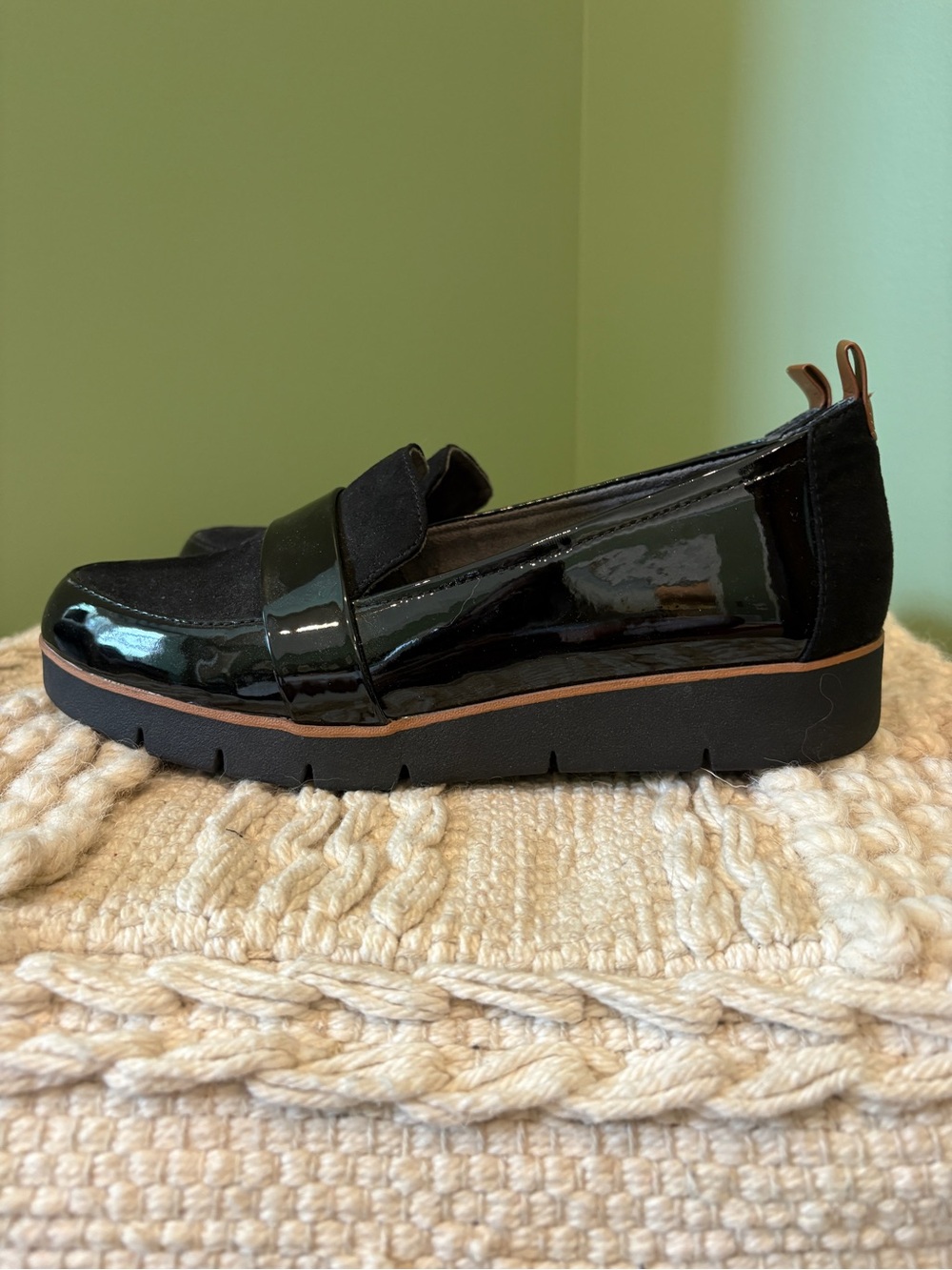Dr. Scholl's Black Patent Slip-On Loafer with Tan Trim